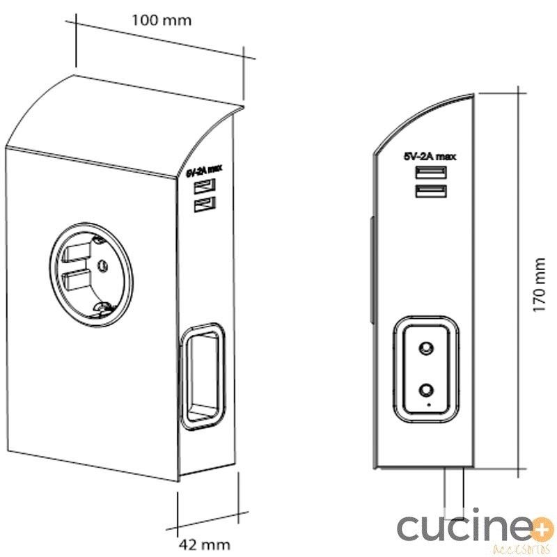 Enchufe de superficie Box Compact en inox y negro usb