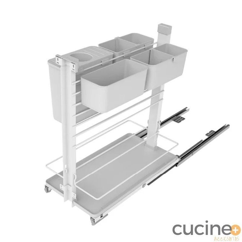 Cesto porta-utensilios con guías de extracción total y cierre amortiguador en blanco y gris orione